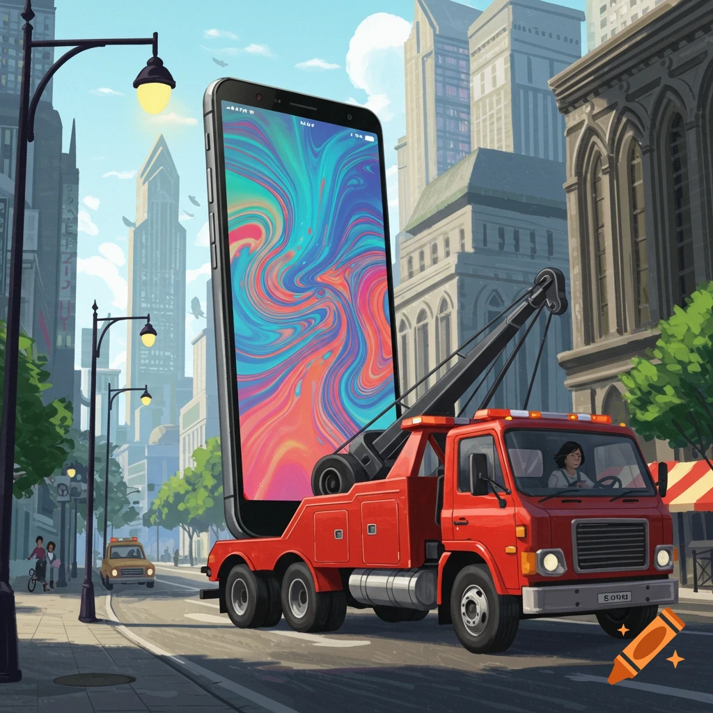 A tow truck hauling a giant smartphone down a city street.