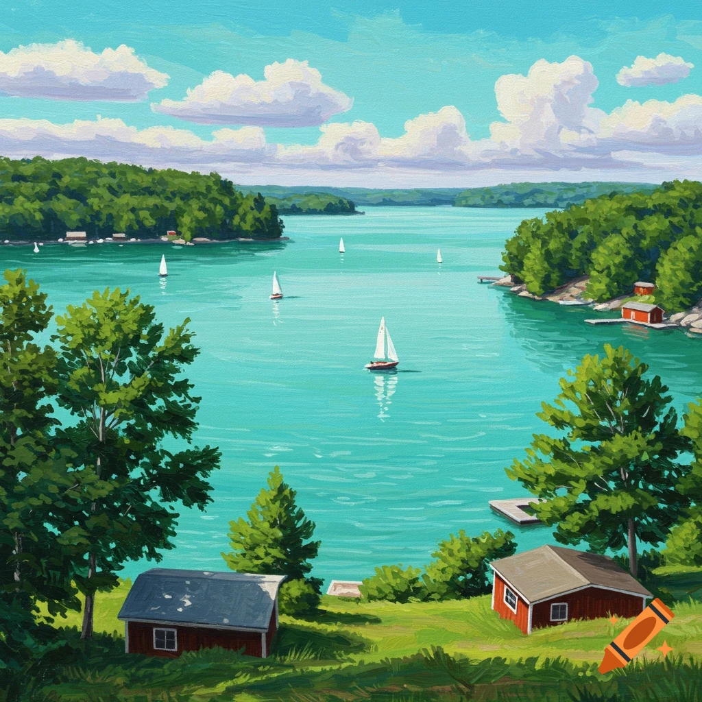 A picturesque lake scene featuring sailboats on the water, framed by lush trees and charming houses along the shore.
