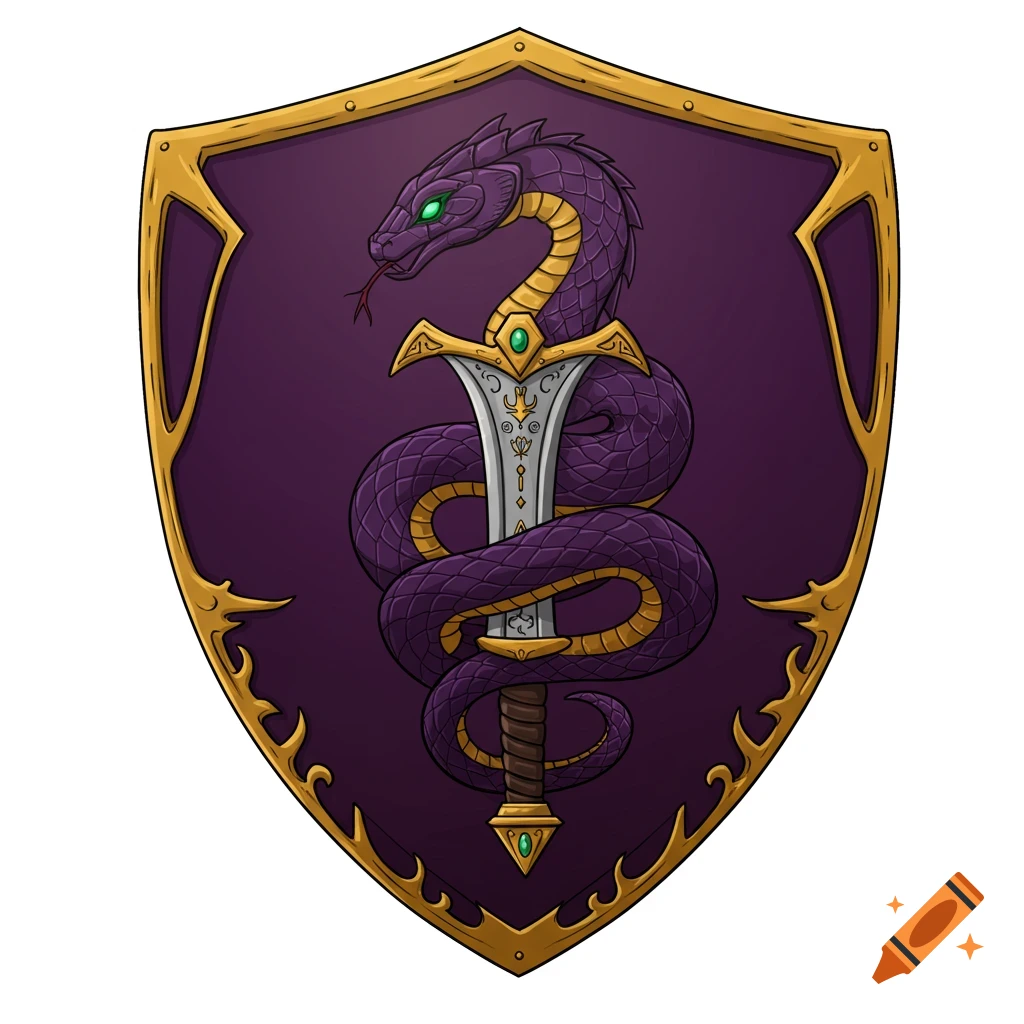 An illustration of a purple and gold shield with a purple snake coiled around a silver sword.
