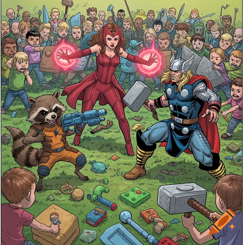 Comic art of Rocket Raccoon, Scarlet Witch, and Thor battling an army of children with toy weapons.
