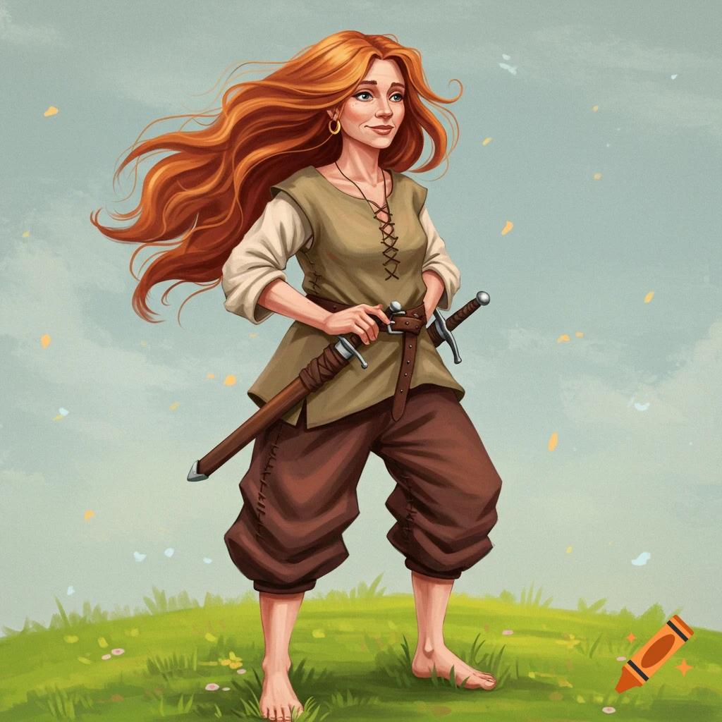 A woman with long red hair in medieval clothes is holding swords.
