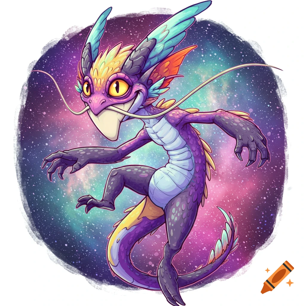 Cartoon fantasy creature with purple scales and wings against a colorful galaxy background