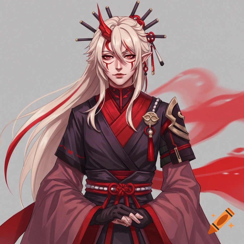 Fantasy character with blonde hair, red horns, face markings, and an ornate red and black outfit.