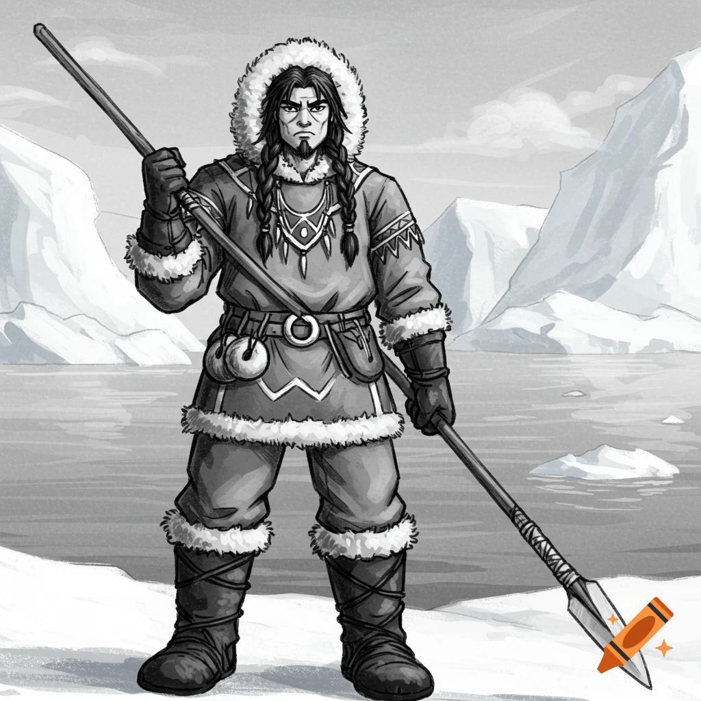 Black and white digital art of an Inuit man with a spear in a snowy ...