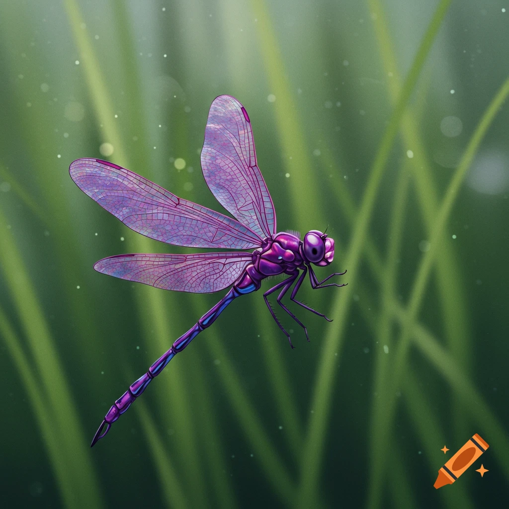 A vibrant purple dragonfly with translucent wings hovers against a blurred green background.