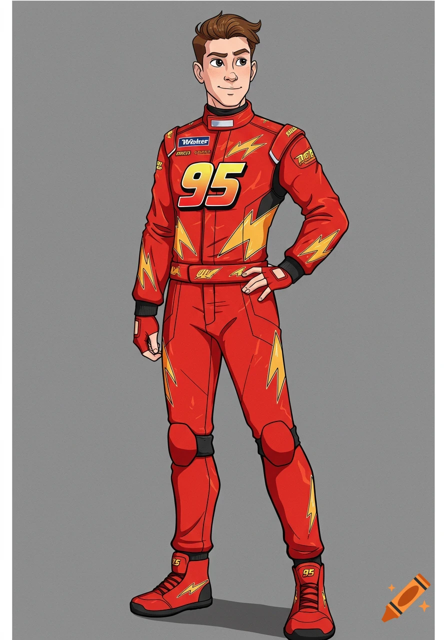 Cartoon illustration of a man in a red racing suit with the number 95.