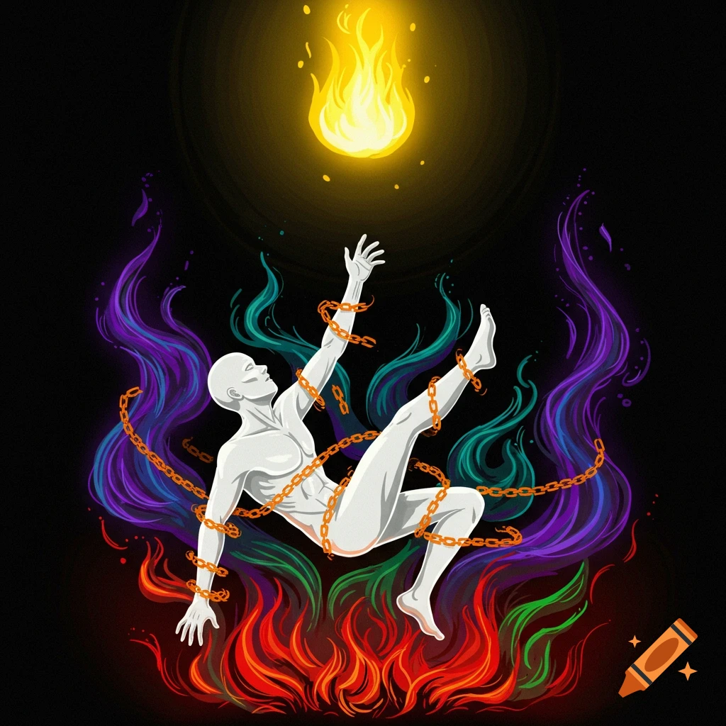 Stylized drawing of a white figure in chains falling through colorful flames, reaching towards a light.