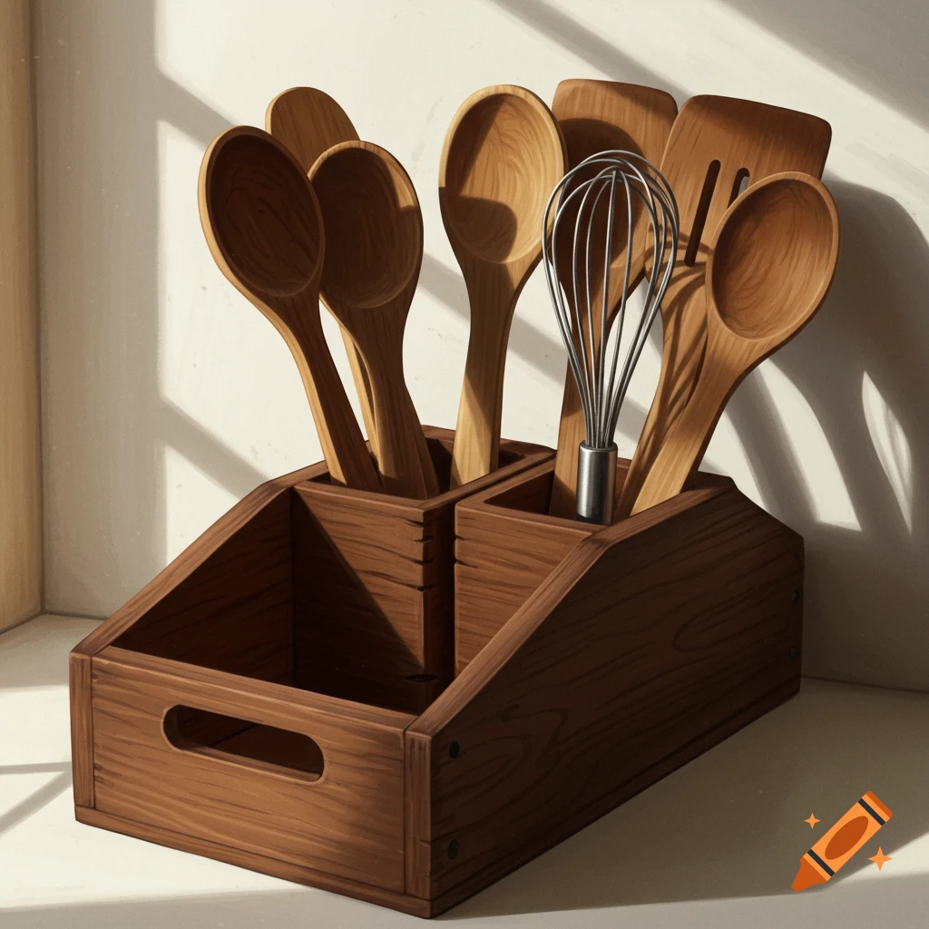 A wooden kitchen utensil holder filled with wooden spoons and a whisk