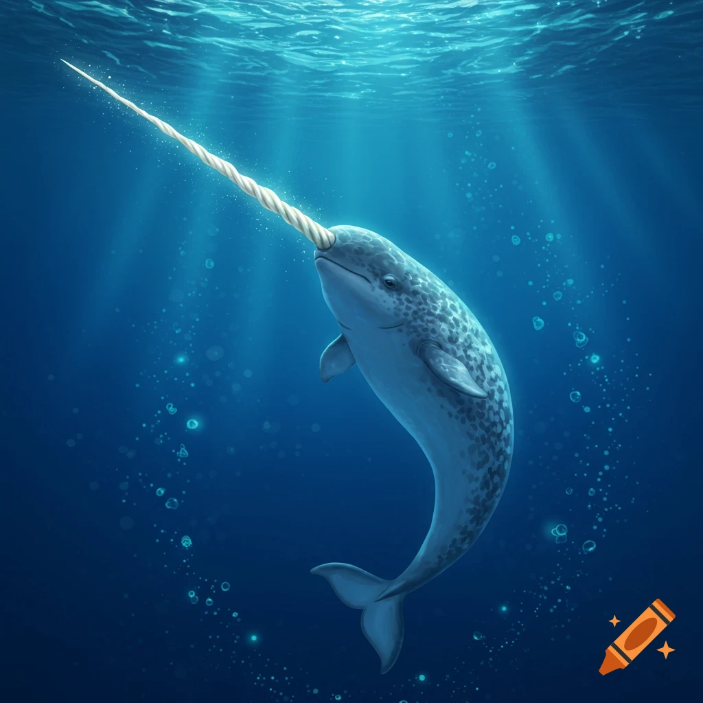 A narwhal with a shimmering tusk swims in blue ocean water.