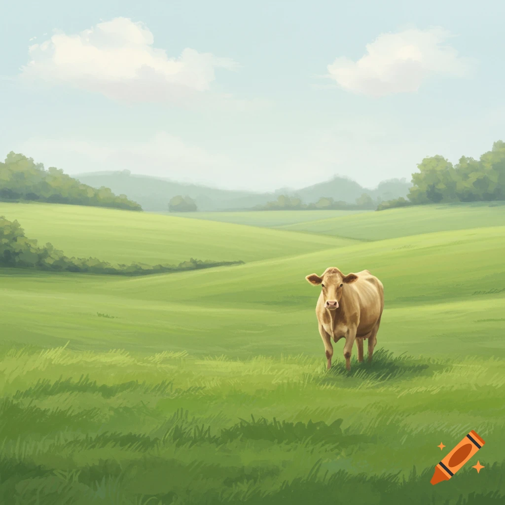 A tan cow stands in a lush green field with rolling hills.