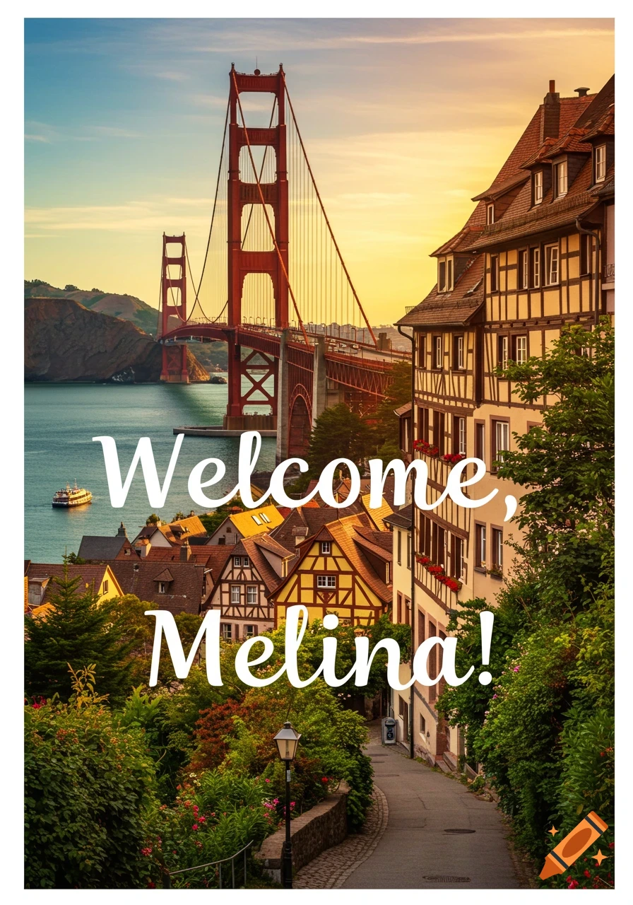 The Golden Gate Bridge and German-style buildings with text 'Welcome, Melina!'