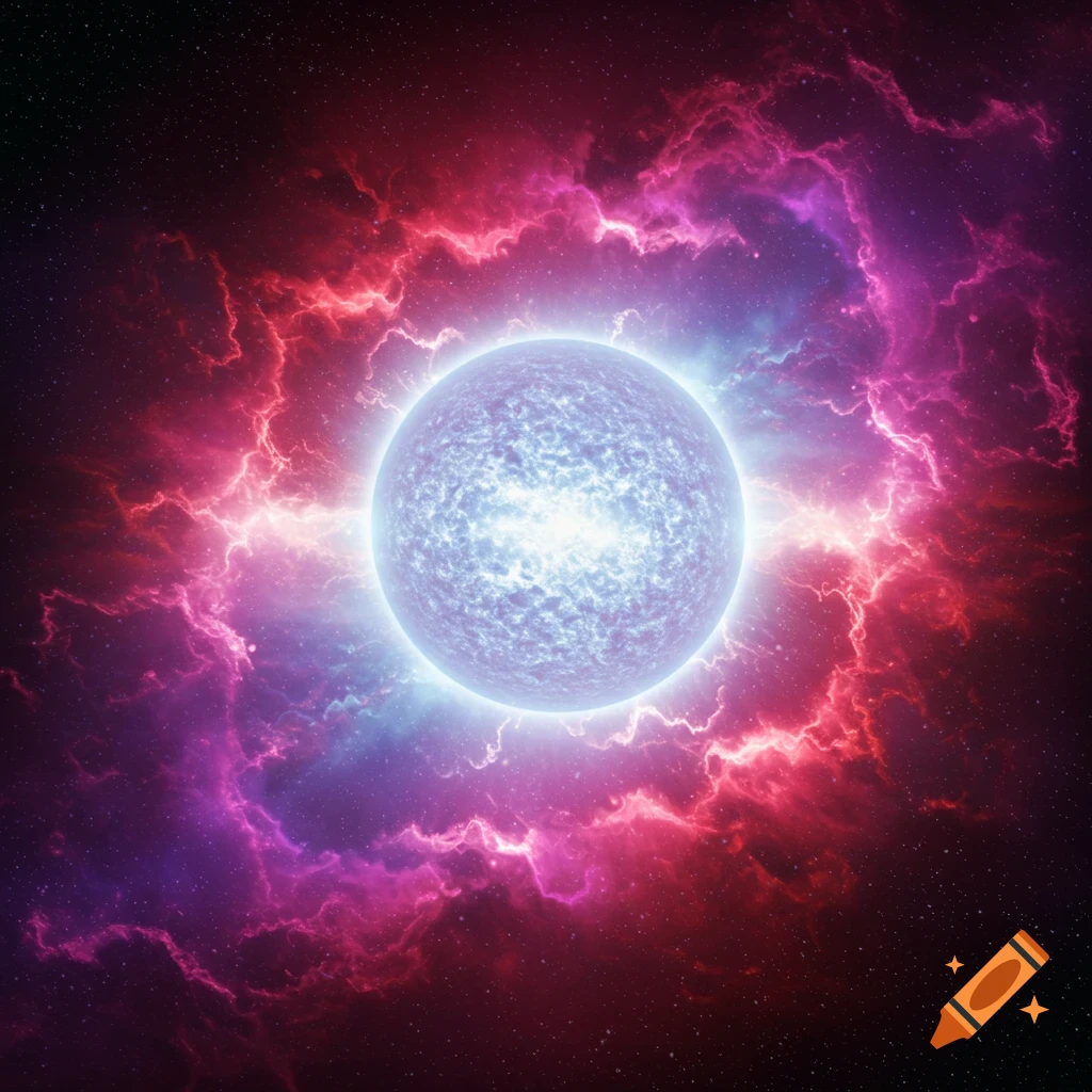 A bright star surrounded by colorful red, pink, and purple nebula clouds.