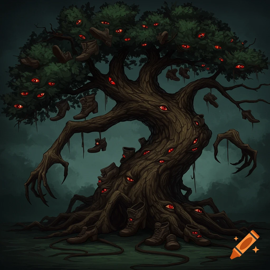 A creepy tree is covered in red eyes, with shoes hanging from branches and clawed hands from roots.