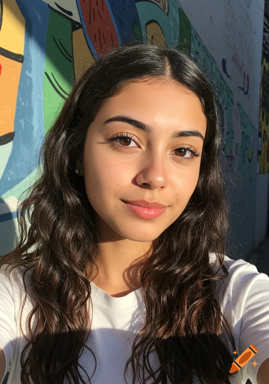 Close-up portrait of a young woman smiling in sunlight in front of a colorful mural.