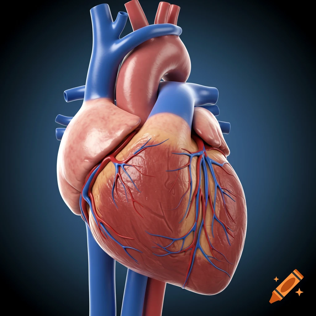 A detailed 3D rendering of a human heart showing arteries and veins.