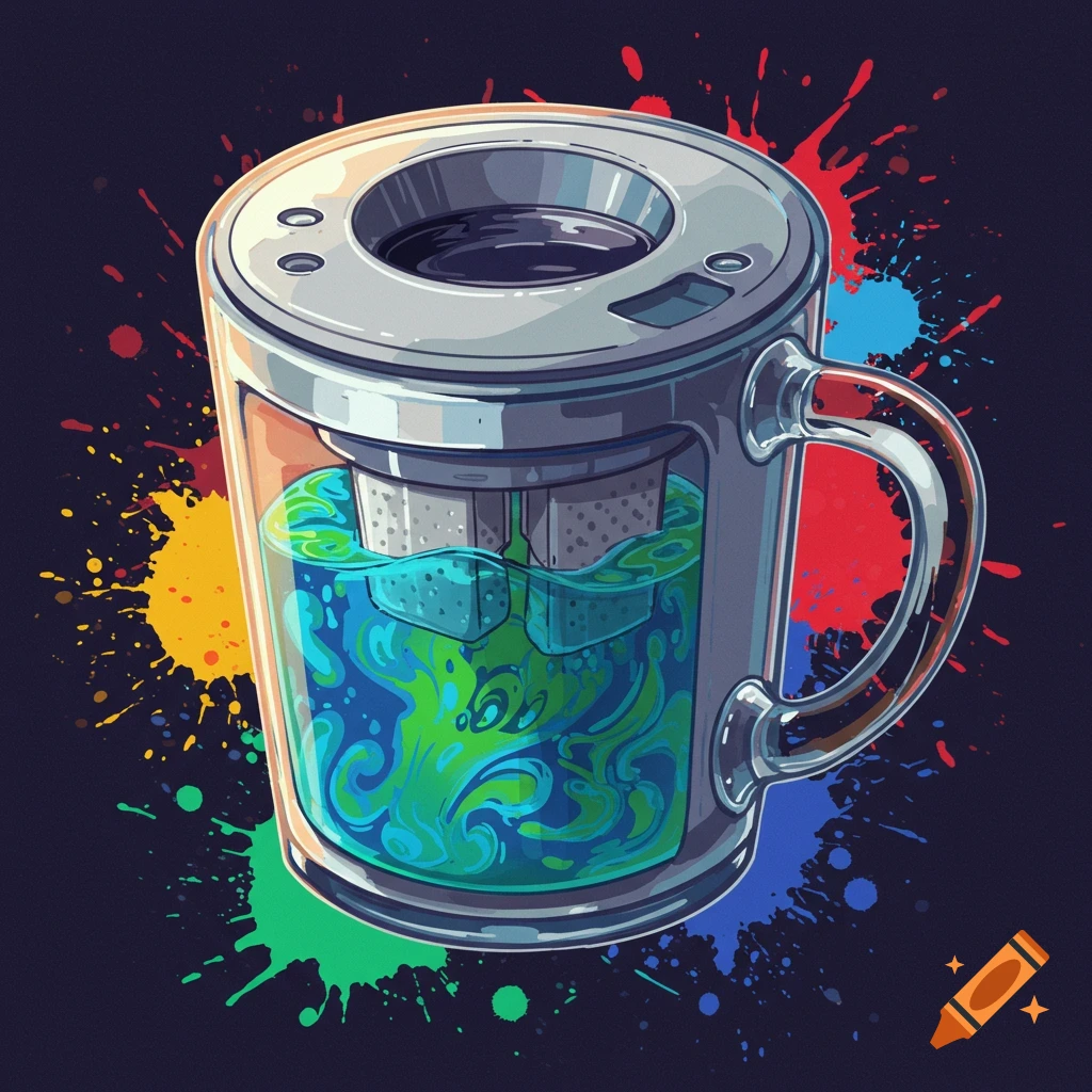 A glass cup filters swirling blue and green liquid with colorful paint splatters around it.