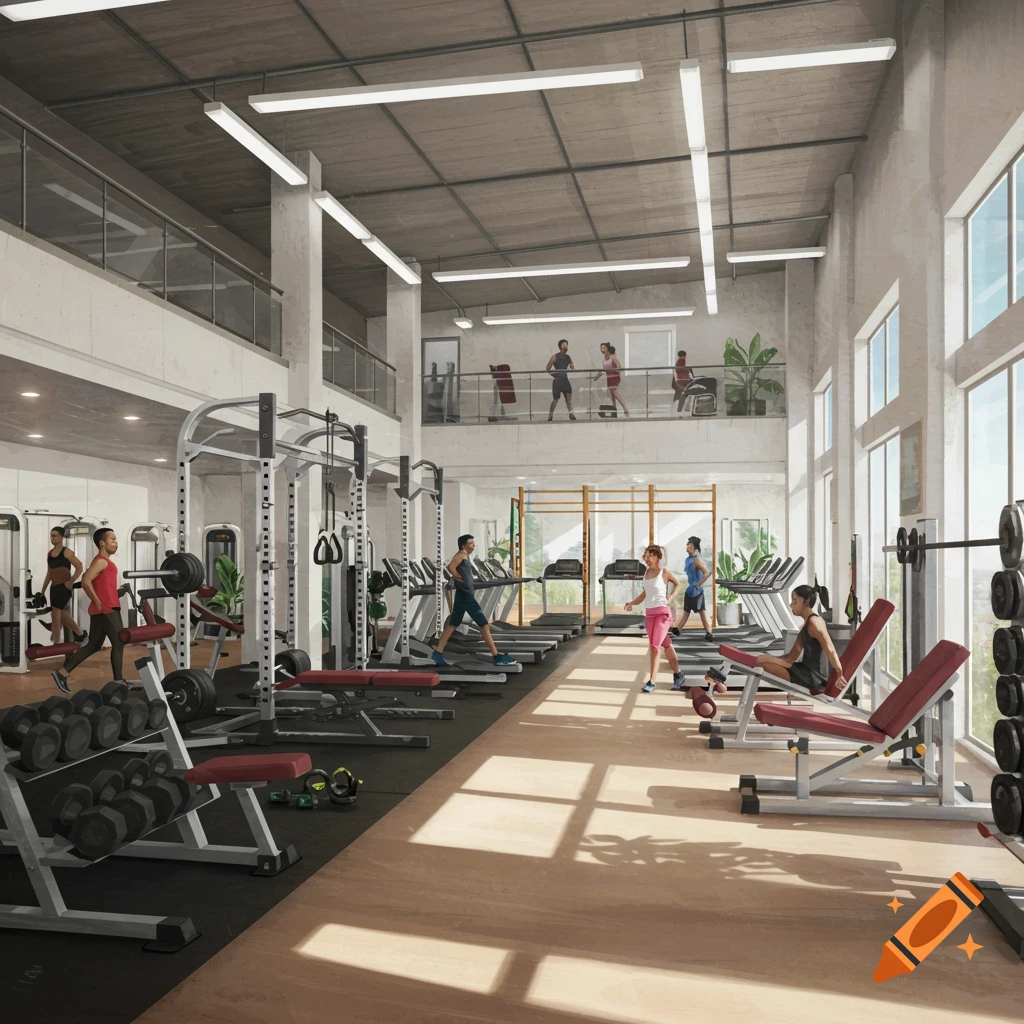 People exercising in a spacious gym interior.