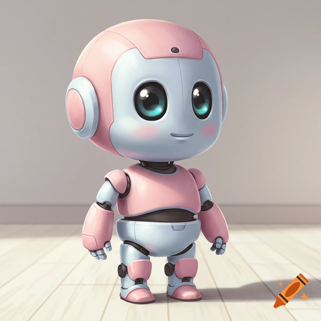 A cute pink and blue robot with big eyes stands on a wooden floor.