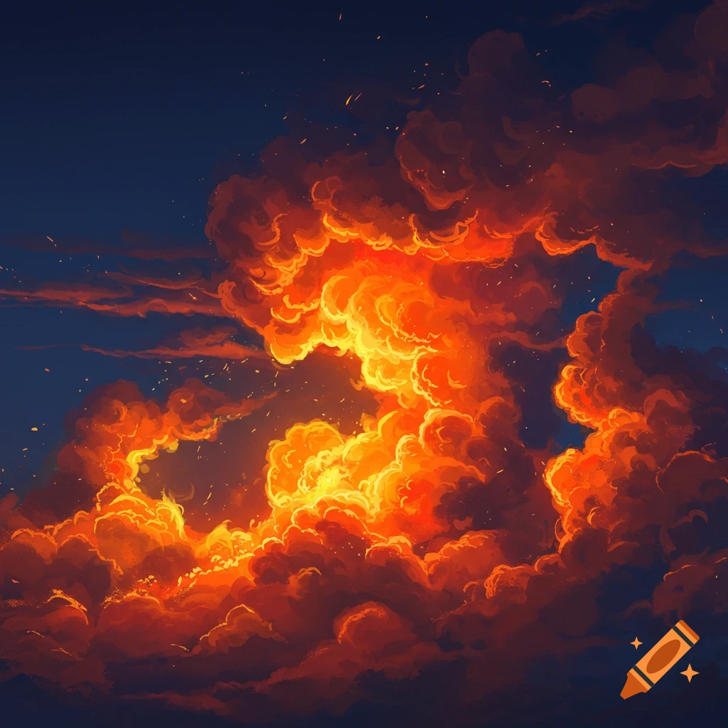 Fiery orange and yellow clouds in a dark sky with sparks.