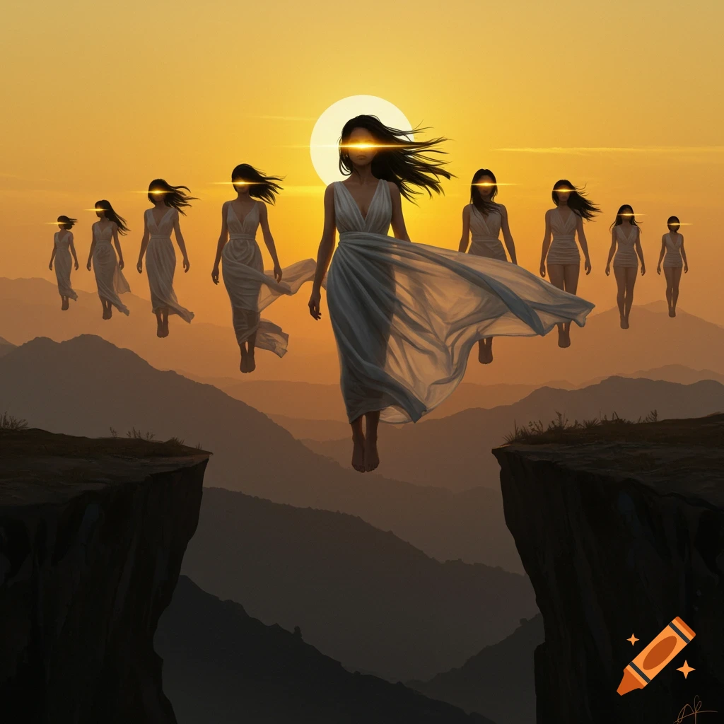 Levitating women in white dresses with glowing eyes over mountains at sunset.