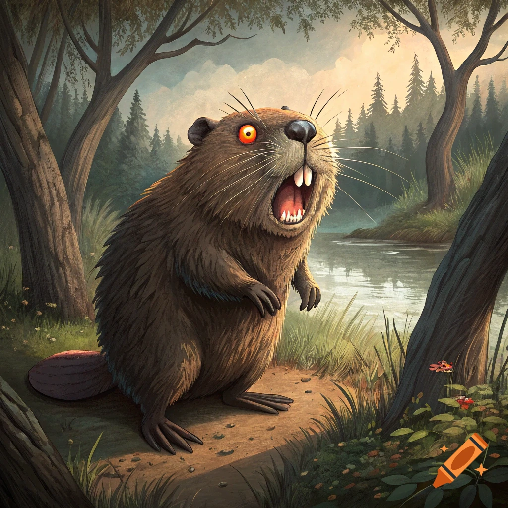 Stylized illustration of a beaver with wide orange eyes standing by a river in a forest.