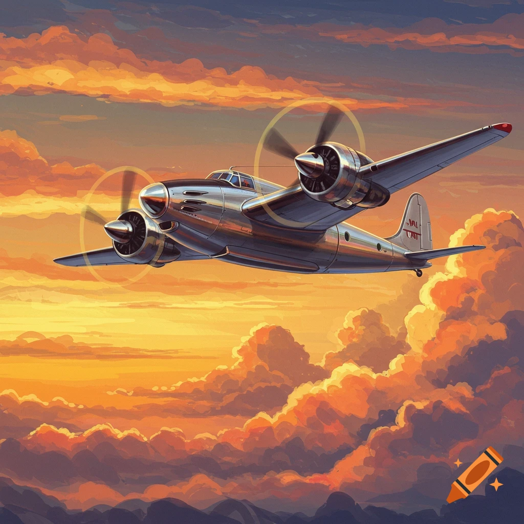 A retro-futuristic propeller airplane flying through an orange sunset sky with clouds.