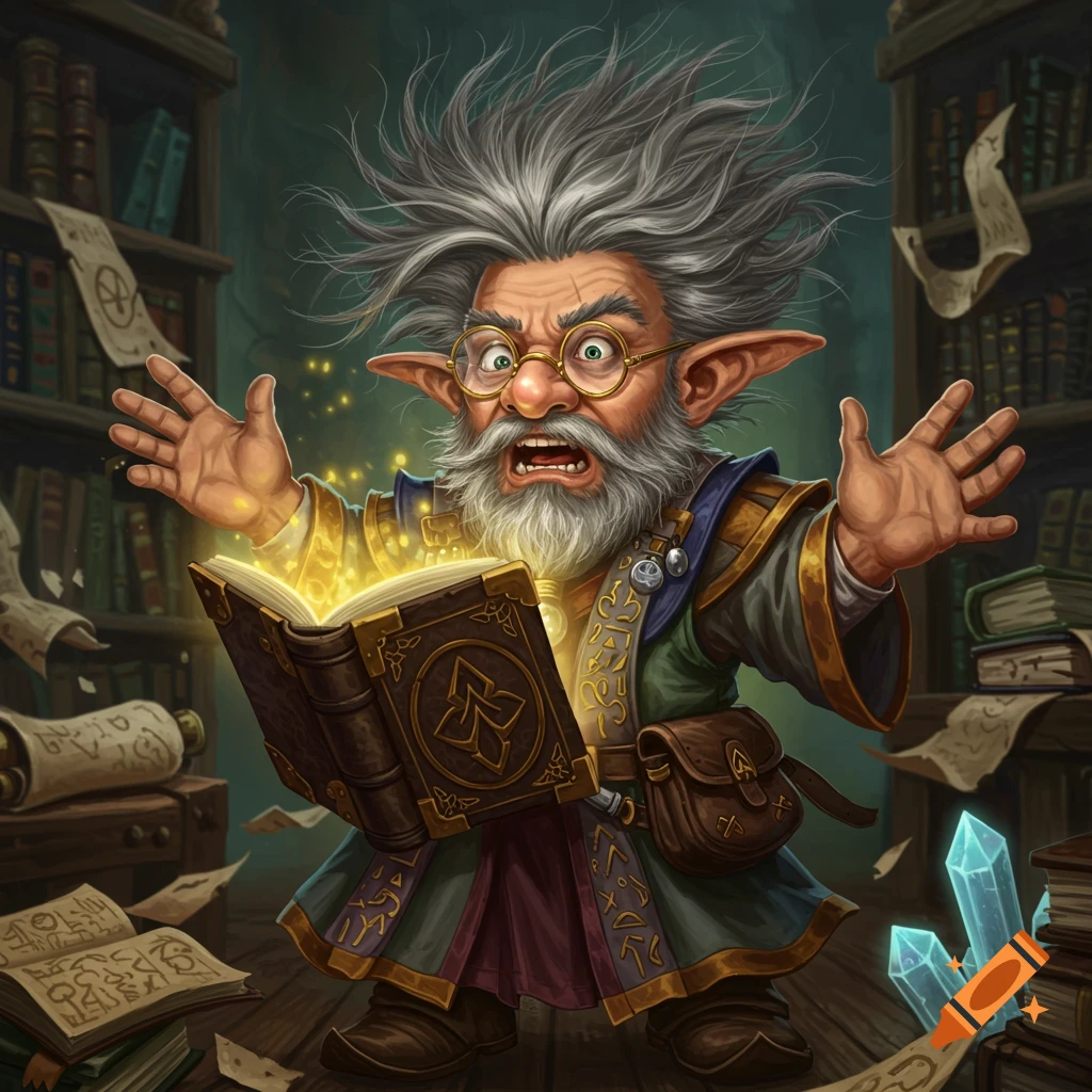 A gnomish scholar with wild hair holds a glowing magical book in a messy library filled with scrolls and crystals.