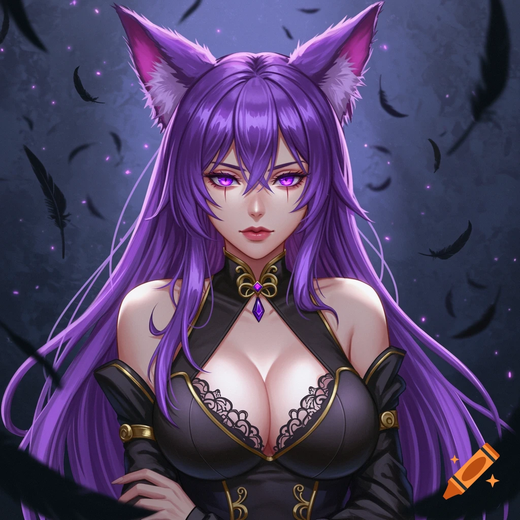 Anime portrait of a woman with purple hair and fox ears in a black dress, with floating black feathers.