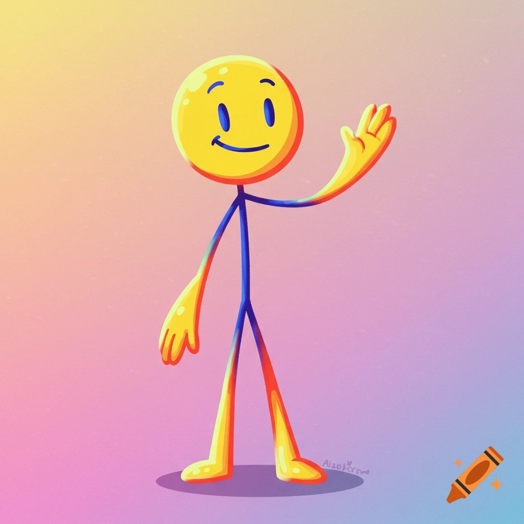 A yellow stick figure with blue limbs waves against a pastel gradient background.