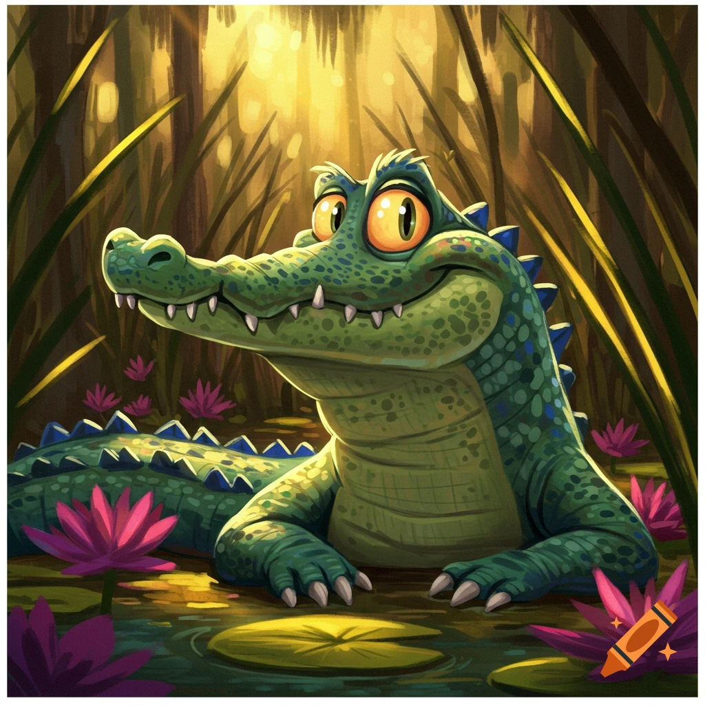 A cartoon alligator smiles in a sunny swamp with lily pads and pink flowers.