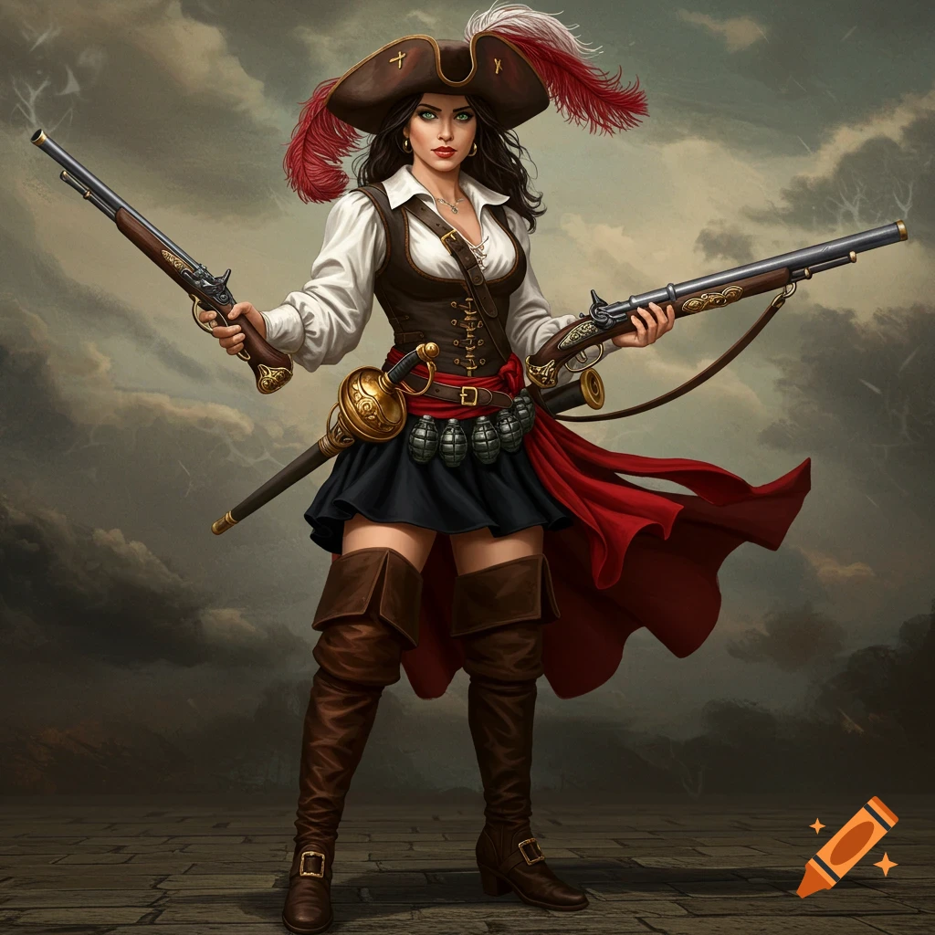Illustrative portrait of a female pirate with two flintlock firearms and a sword, standing against a cloudy sky.