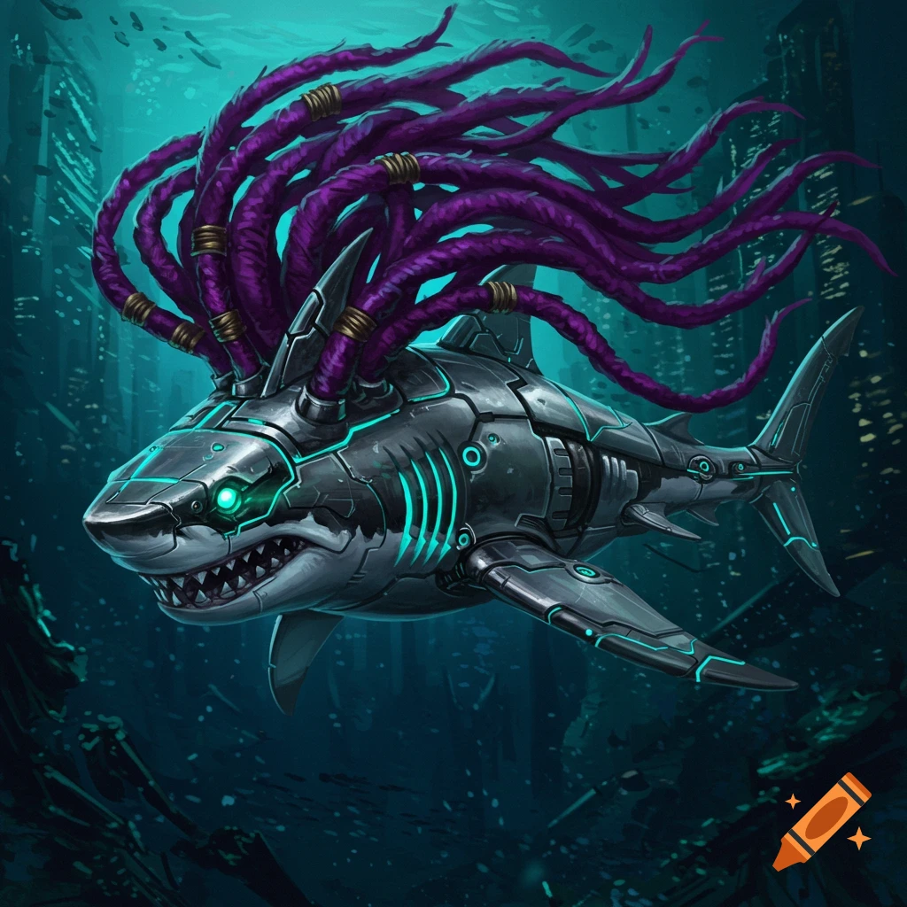 A cybernetic shark with purple dreadlocks swims through an underwater city.