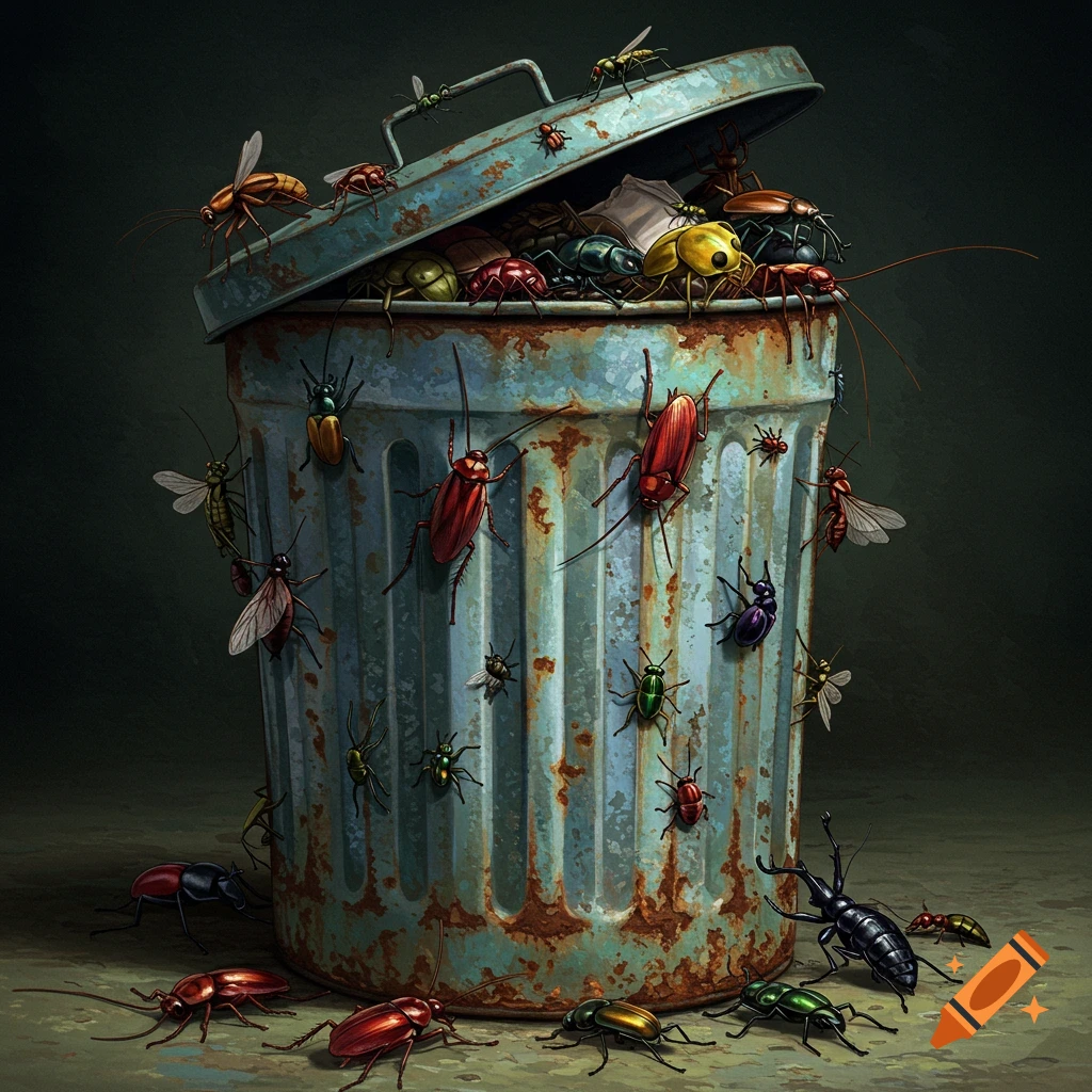 A trashcan overflowing with various types of insects.