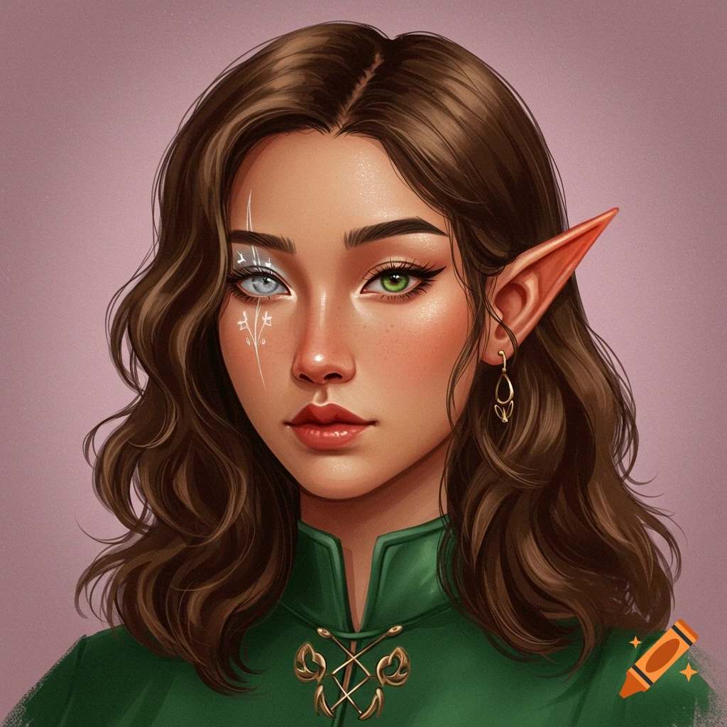 A portrait of an elf with different colored eyes and pointed ears.