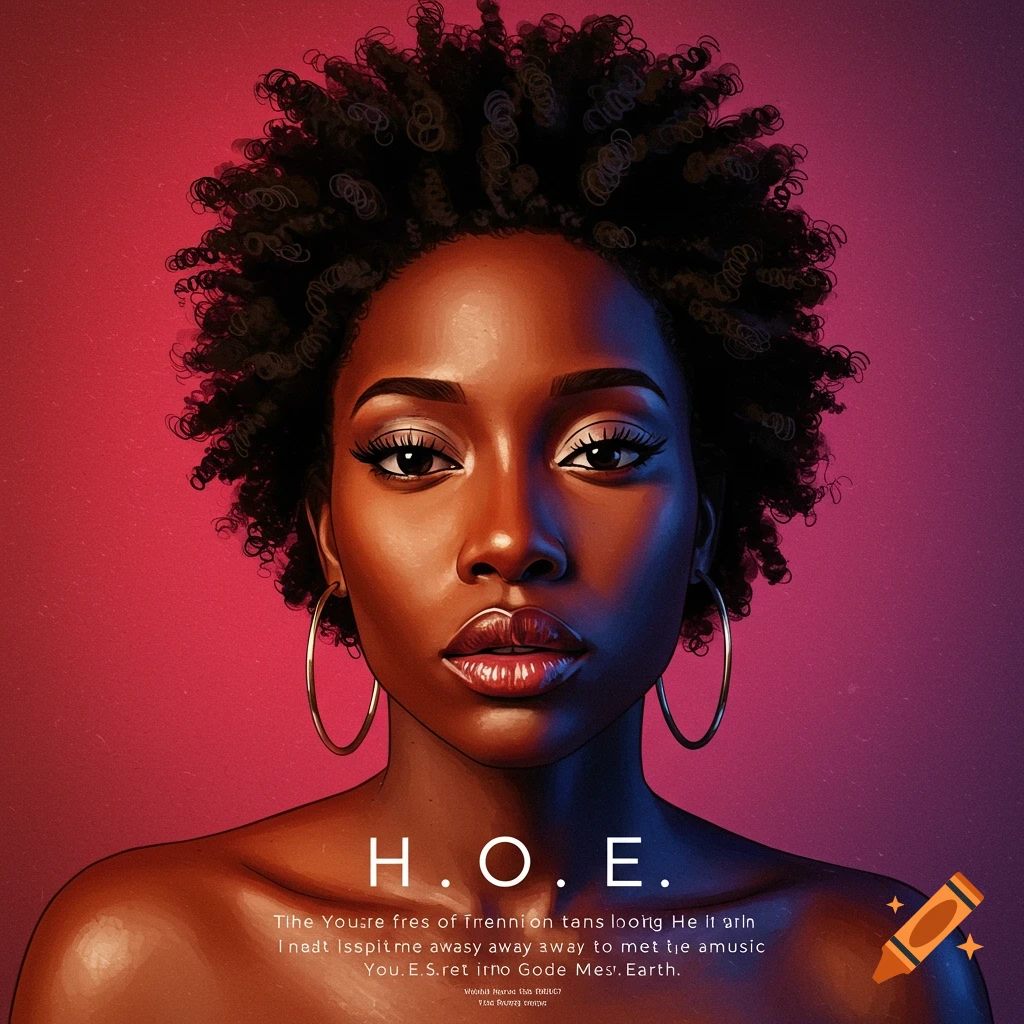 Close-up portrait of a Black woman with curly hair and hoop earrings against a pink background, with text H.O.E.