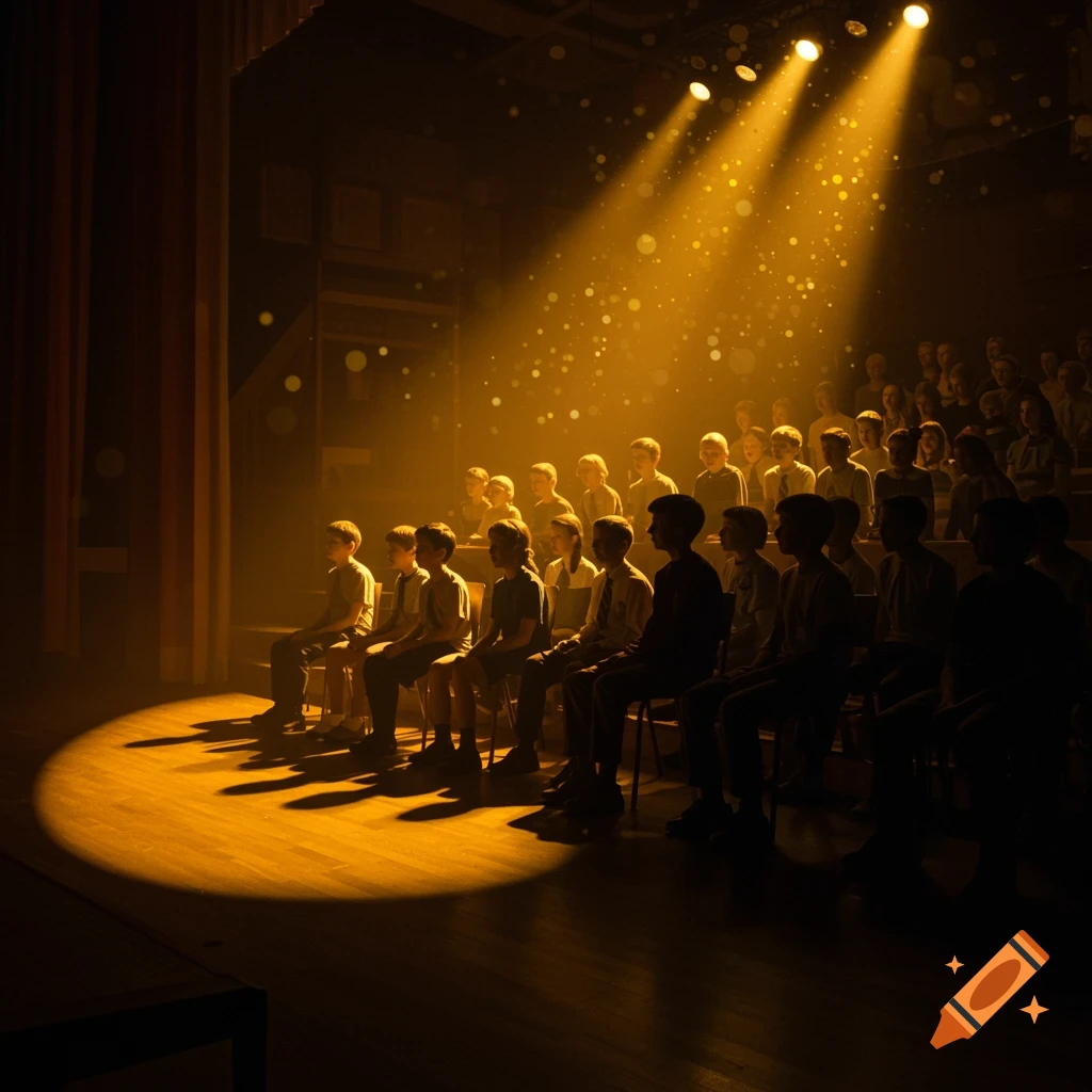 Children in an audience are silhouetted by warm spotlights on a stage.