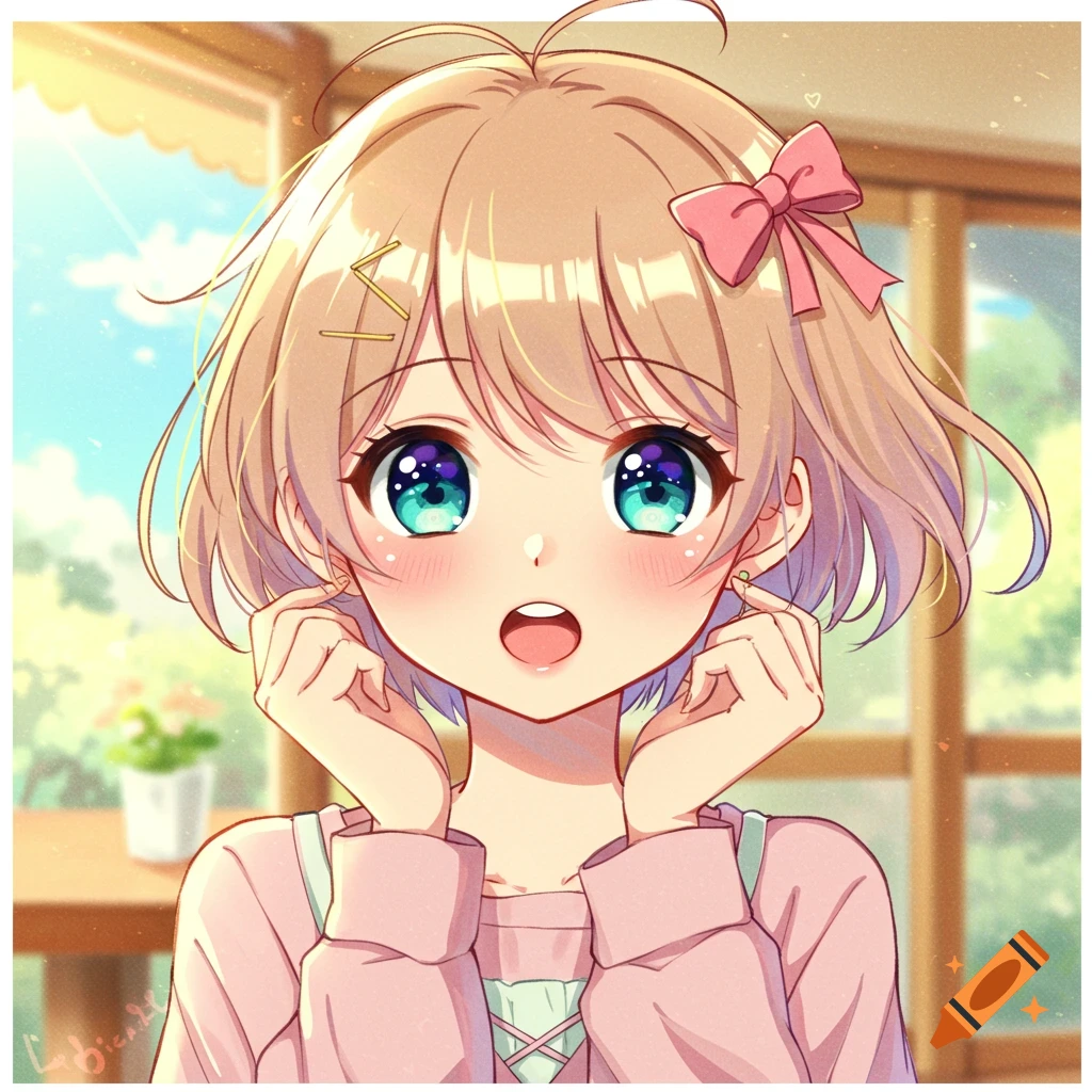 Anime portrait of a young girl with blonde hair and blue eyes, blushing, in a pink top.