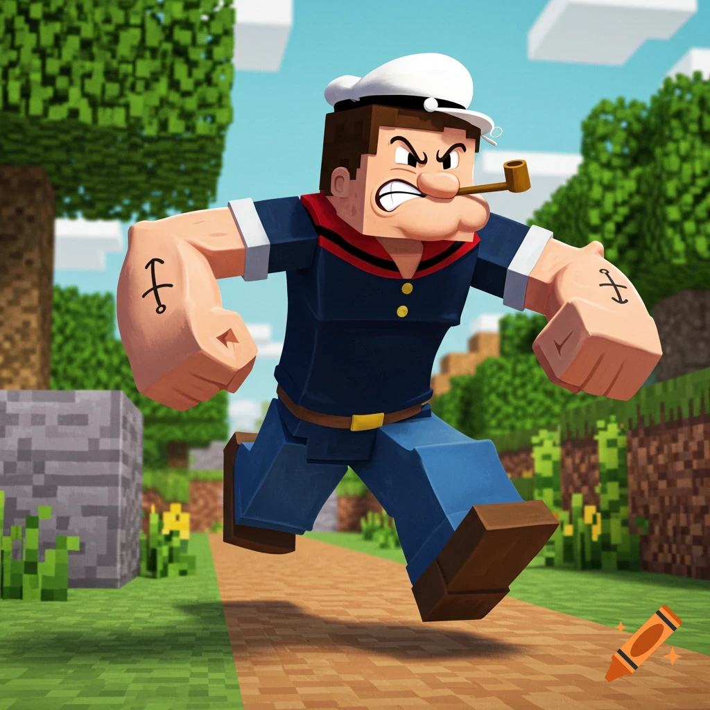 Minecraft character in Popeye skin running towards the camera on Craiyon
