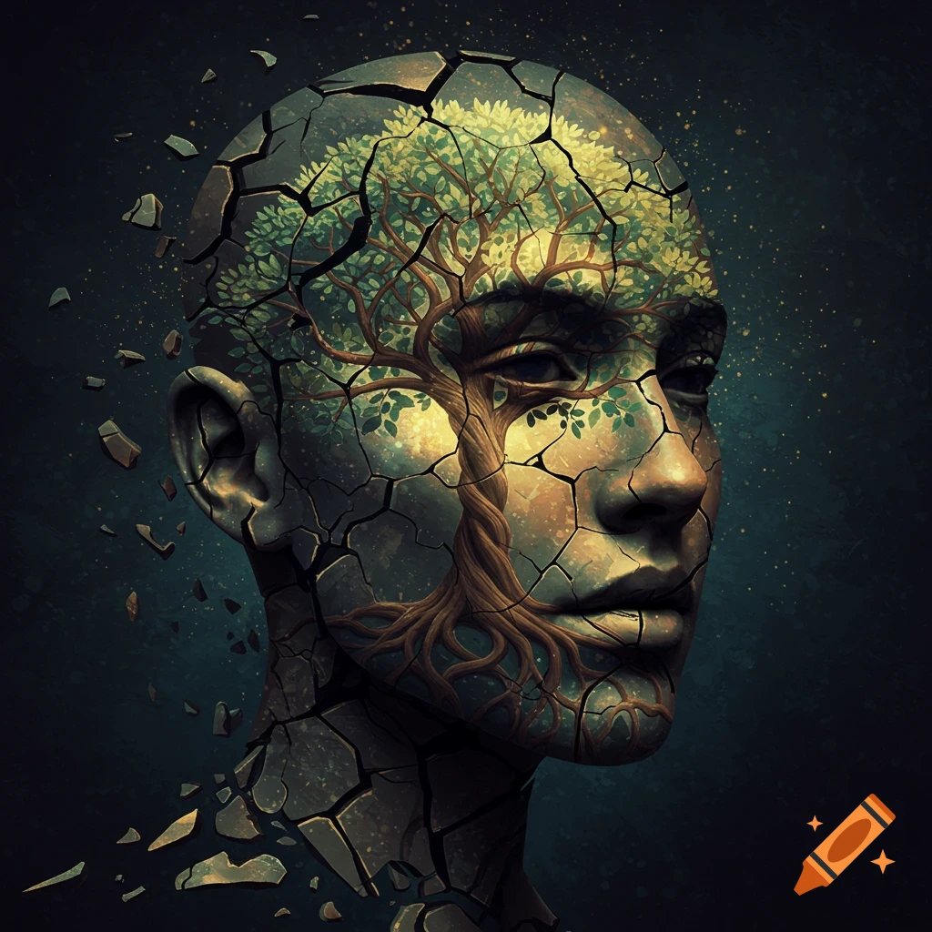 A human face cracking open with a tree growing inside.