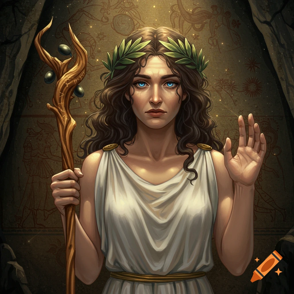 Image of a woman in ancient Greek attire holding a staff.