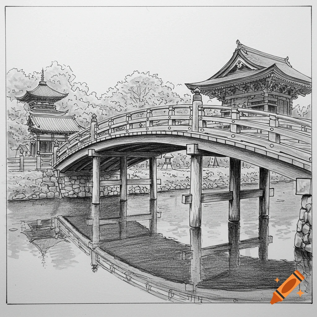 Black and white sketch of a Japanese bridge over water with buildings in the background.