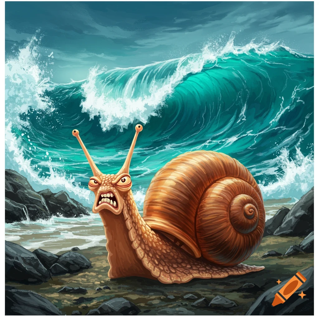 An angry cartoon snail stands on a beach as a large wave crashes behind it.