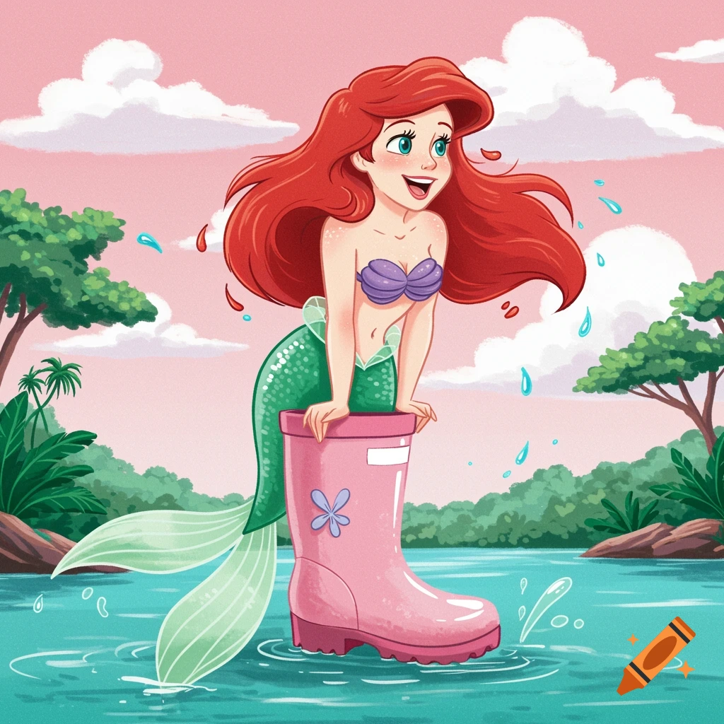Ariel the mermaid wearing a pink rain boot stands in water.