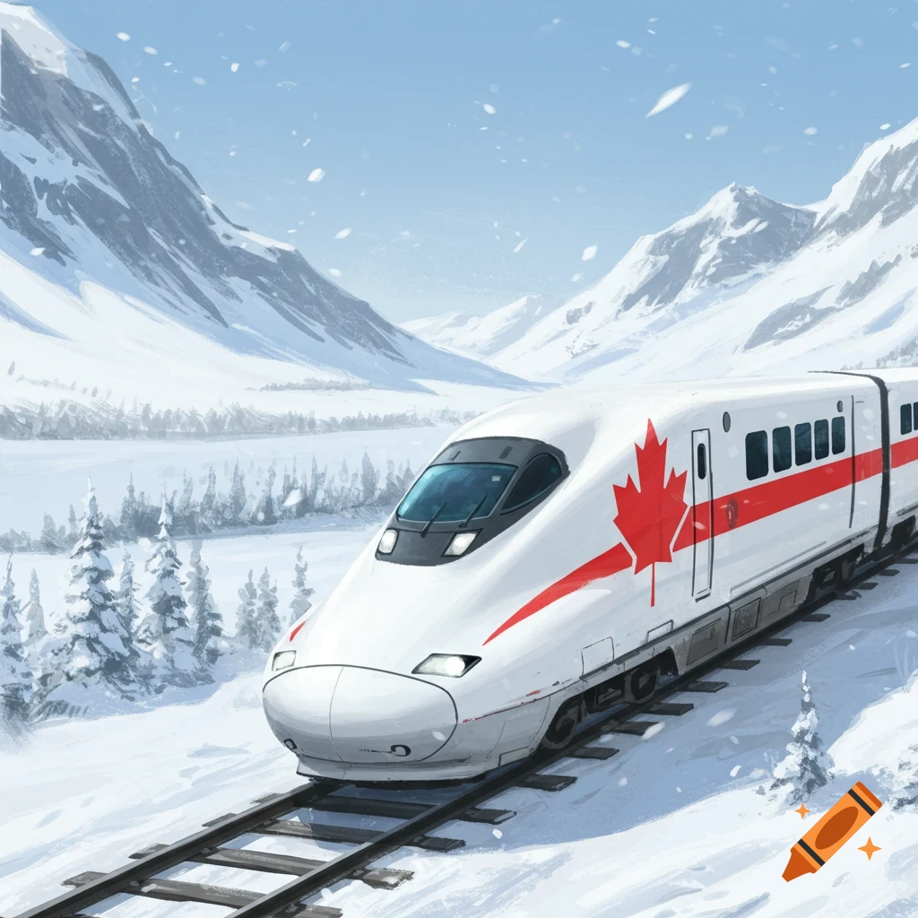 A white bullet train with a red stripe and Canadian maple leaf symbol travels through a snowy mountain landscape.