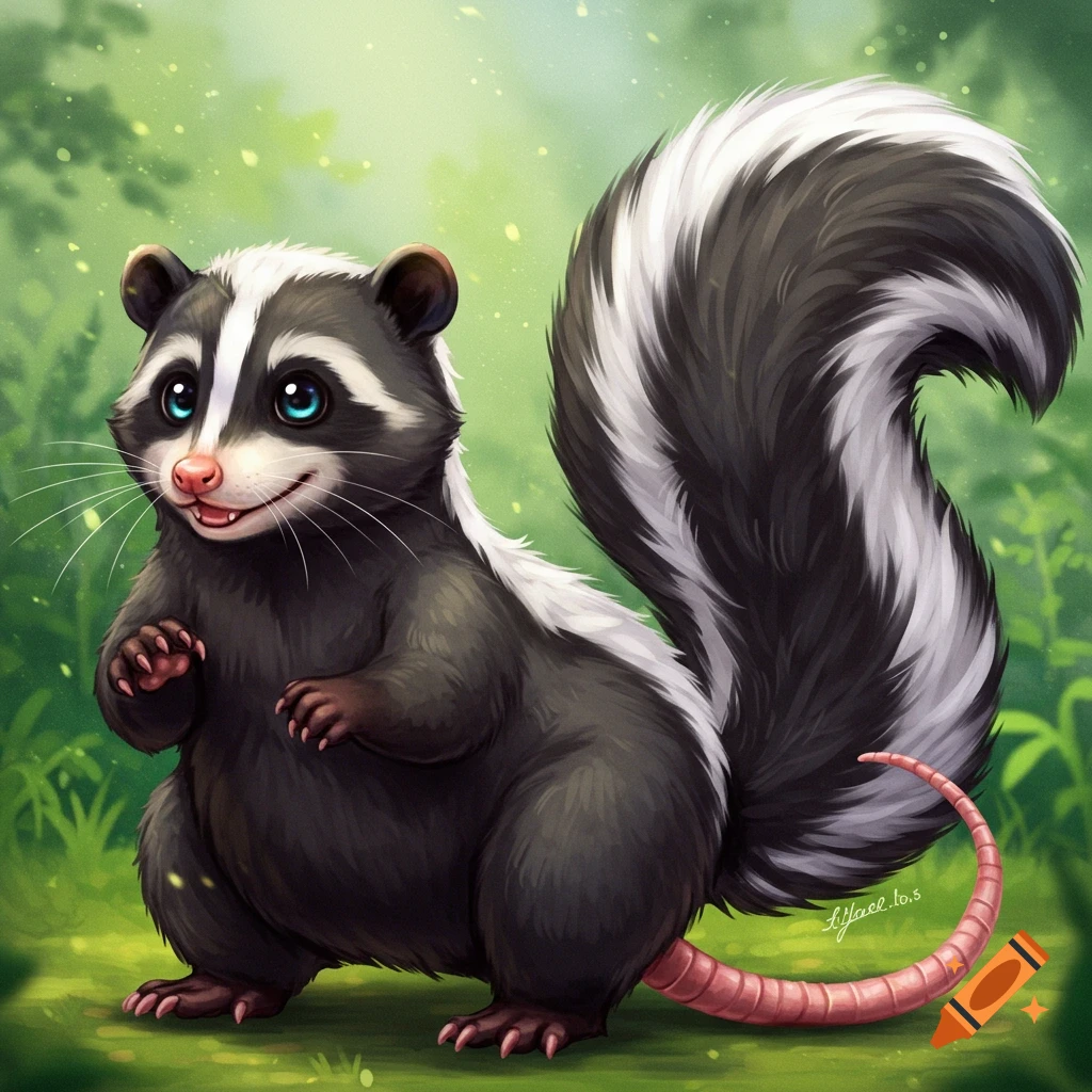 A cute skunk and raccoon hybrid animal in a forest