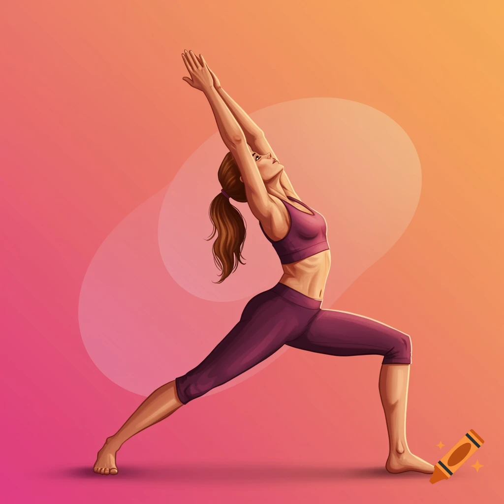 A digital illustration of a woman in a warrior yoga pose with arms raised, against a pink and orange gradient background.