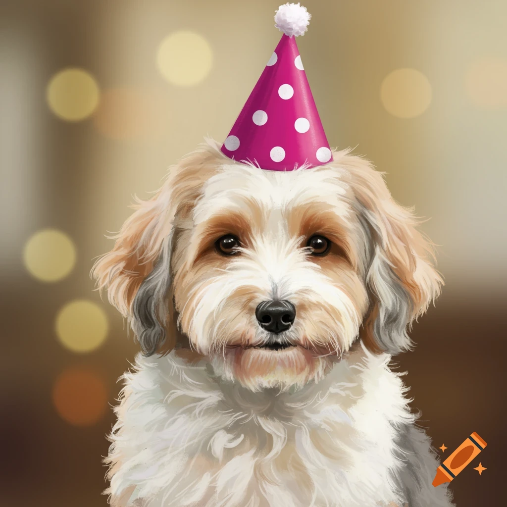 A Sheepadoodle wearing a pink and white polka dot party hat.