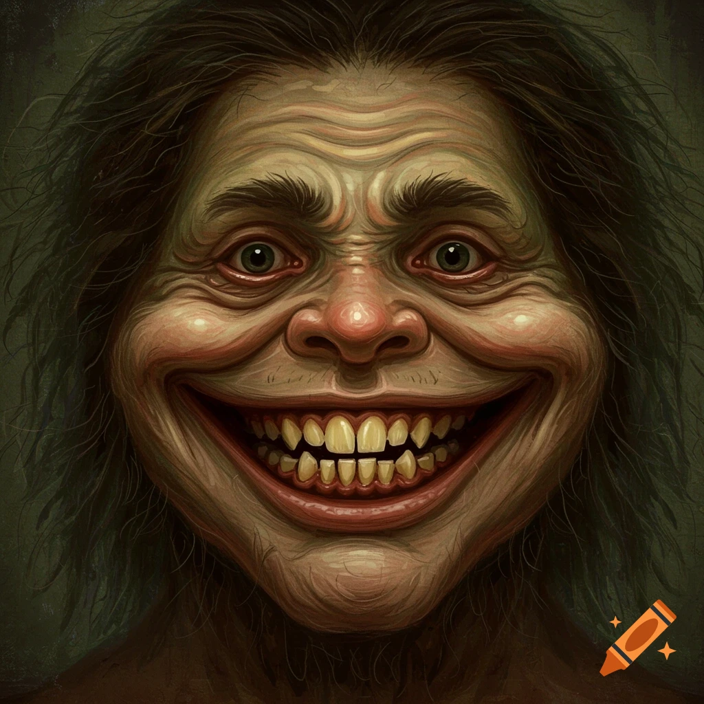 A grotesque face with a wide, unsettling smile and yellow teeth.