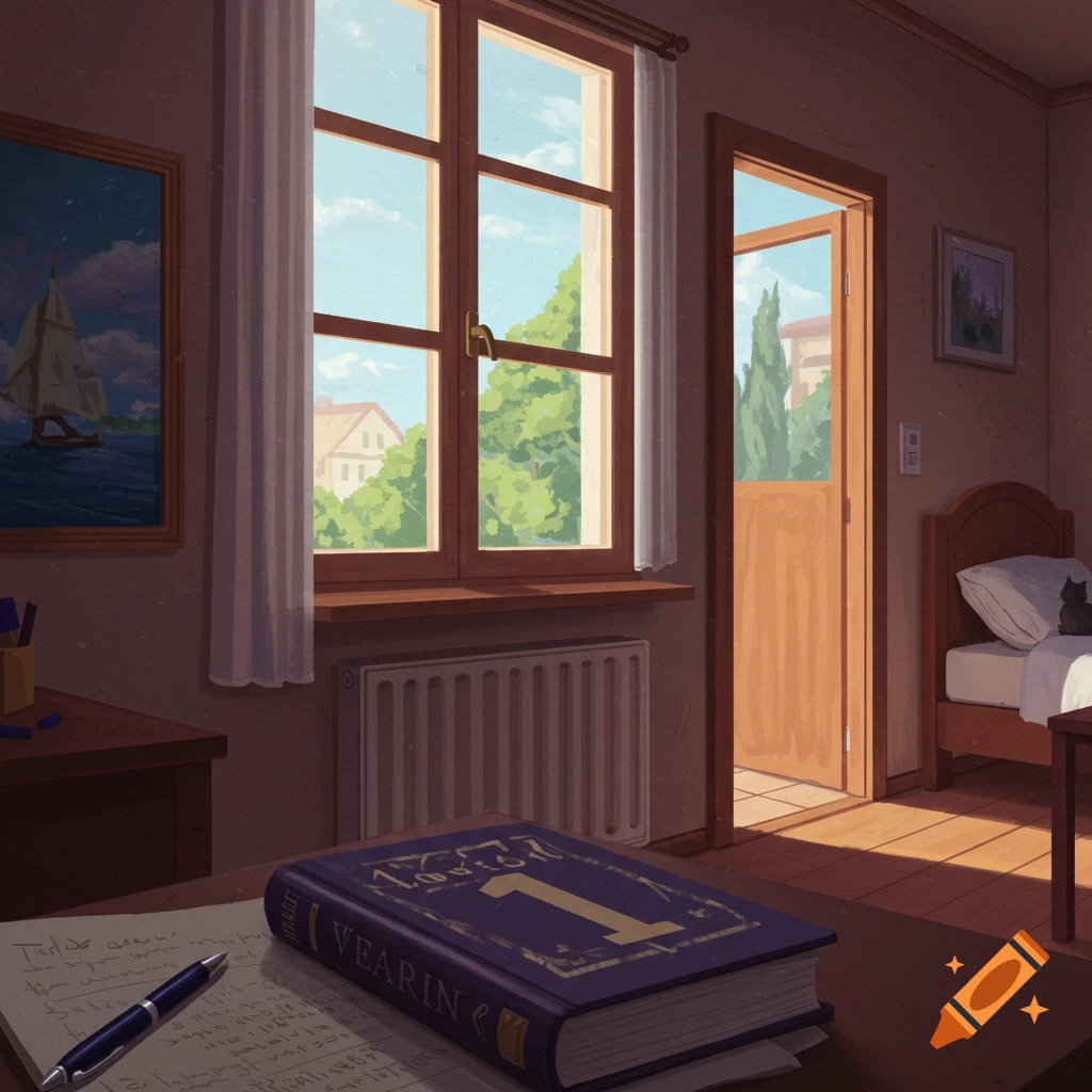A cozy room with a window view, desk, bed with cat, and open door.