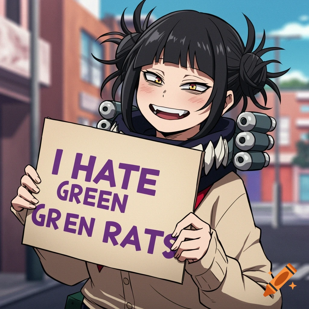 Anime illustration of Himiko Toga holding a sign